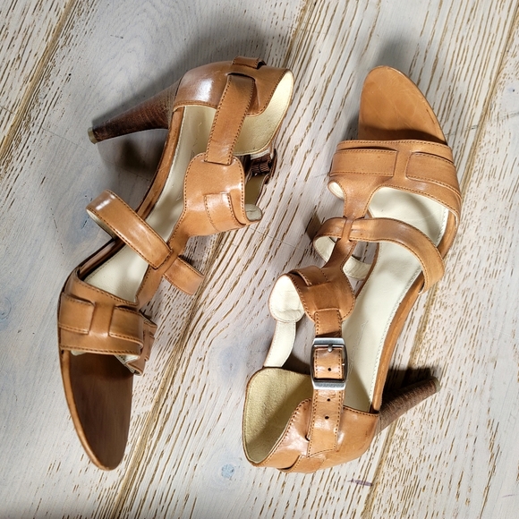 🐿 VIA SPIGA Hilda Cognac Leather Wood Heeled Italian Made Sandals 7 - Picture 2 of 7